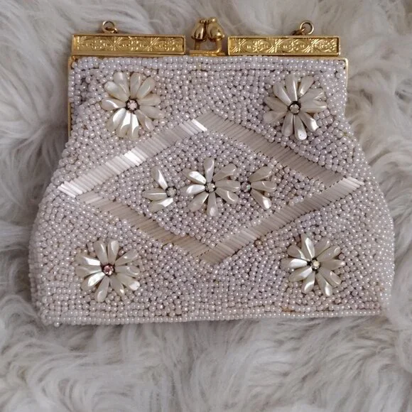 Vintage White Beaded Floral Evening Purse Gold Frame Handheld Clutch - Picture 3 of 11